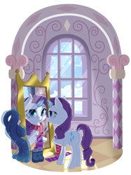 Size: 888x1188 | Tagged: safe, artist:kittehkatbar, character:rarity, boots, carousel boutique, clothing, magic, mirror, reflection, scarf, simple background, snow, snowfall, transparent background, winter