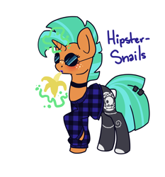 Size: 1280x1371 | Tagged: safe, artist:otterlore, character:snails, alternate hairstyle, banana, clothing, food, glitter shell, glowing horn, hairclip, hipster, levitation, magic, male, plaid shirt, simple background, socks, solo, stockings, sunglasses, telekinesis, white background