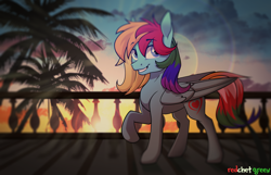 Size: 2100x1350 | Tagged: safe, artist:redchetgreen, oc, oc only, species:pegasus, species:pony, lens flare, looking at you, palm tree, raised hoof, solo, sunset, tree
