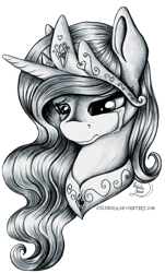 Size: 1993x3307 | Tagged: safe, artist:julunis14, character:princess celestia, species:pony, bust, crying, female, frown, grayscale, looking down, mare, monochrome, portrait, sad, simple background, solo, traditional art, transparent background