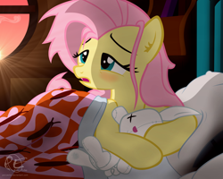 Size: 2000x1600 | Tagged: safe, artist:ponyecho, part of a set, character:fluttershy, species:pegasus, species:pony, bed, bed hair, blanket, blushing, crepuscular rays, cute, ear fluff, female, holding, lidded eyes, mare, messy mane, morning ponies, open mouth, pillow, plushie, ponyecho is trying to murder us, show accurate, shyabetes, sleepy, solo, stray strand, sunrise, sweet dreams fuel, window