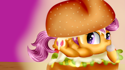 Size: 3309x1861 | Tagged: safe, artist:lixthefork, character:scootaloo, species:pegasus, species:pony, burger, chicken burger, cute, cutealoo, cutie mark, female, food, scootachicken, solo, the cmc's cutie marks