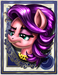 Size: 700x900 | Tagged: safe, artist:harwick, character:spoiled rich, species:earth pony, species:pony, bust, chain necklace, female, frown, harwick's sun/moon portraits, jewelry, lidded eyes, mare, mother, necklace, portrait, solo