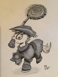 Size: 800x1065 | Tagged: safe, artist:sensko, character:scootaloo, species:pegasus, species:pony, bloodborne, clothing, hunter, pencil drawing, traditional art, whirligig saw