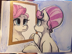 Size: 1136x852 | Tagged: safe, artist:whale, species:earth pony, species:pony, female, mare, mirror, raised hoof, rosetta, sad, sink, solo, traditional art, watercolor painting