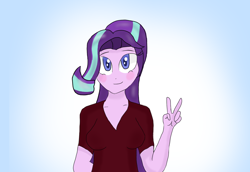 Size: 1376x947 | Tagged: safe, artist:mildockart, character:starlight glimmer, my little pony:equestria girls, clothing, cute, equestria girls-ified, female, glimmerbetes, peace sign, smiling, solo