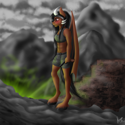Size: 1920x1920 | Tagged: safe, artist:iwoo34enn, artist:stirren, species:anthro, species:unguligrade anthro, fallout equestria, abs, alert, belly button, clothing, gun, horns, shorts, solo, standing, wasteland, weapon, wings