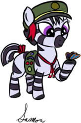 Size: 191x292 | Tagged: safe, artist:aa, edit, oc, oc only, oc:samoa, species:zebra, butterfly, cropped, female, filly, filly guides, solo
