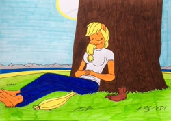 Size: 2191x1550 | Tagged: safe, artist:killerteddybear94, character:applejack, species:anthro, species:plantigrade anthro, against tree, barefoot, boots, crossed legs, feet, grass, hands together, lake, nap, side ponytail, sleeping, sun, traditional art, tree, under the tree