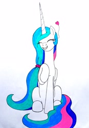 Size: 2210x3168 | Tagged: safe, artist:killerteddybear94, character:princess celestia, species:alicorn, species:pony, alternate hairstyle, cheerful, cute, cutelestia, dawwww, eyes closed, female, grin, heart, mare, missing accessory, multicolored hair, ponytail, raised hoof, sitting, smiling, solo, traditional art