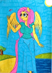 Size: 2248x3169 | Tagged: safe, artist:killerteddybear94, character:fluttershy, species:anthro, breasts, busty fluttershy, butterfly, clothing, female, lake, long skirt, skirt, smiling, sun, t-shirt, traditional art, water, wings