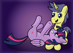 Size: 5500x4000 | Tagged: safe, artist:moonlightfan, character:comet tail, character:twilight sparkle, character:twilight sparkle (alicorn), species:alicorn, species:pony, ship:cometlight, male, on back, shipping, straight