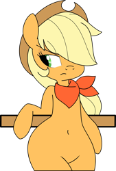 Size: 1982x2938 | Tagged: safe, artist:hidden-cat, artist:xaxu-slyph, character:applejack, species:pony, bandana, belly button, bipedal, bipedal leaning, child bearing hips, clothing, colored, cowboy hat, featureless crotch, female, hair over one eye, hat, hind legs, hips, looking back, naked scarf, simple background, solo, transparent background, vector