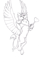 Size: 1240x1615 | Tagged: safe, artist:carnivorouscaribou, character:gilda, species:griffon, alice in wonderland, commission, evil grin, female, flying, grin, majestic, monochrome, queen of hearts, smiling, solo, traditional art