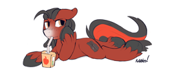Size: 3510x1468 | Tagged: safe, artist:kribbles, oc, oc only, oc:florid, angry, apple juice, colored sketch, disgruntled, drinking, hoof on cheek, juice, looking at you, lying down, red and black oc, solo, straw