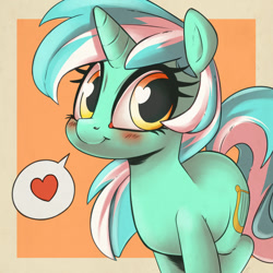 Size: 1000x1000 | Tagged: safe, artist:atane27, artist:kinkypinkie, character:lyra heartstrings, species:pony, species:unicorn, :t, blushing, collaboration, cute, dialogue, female, heart, heart eyes, lacrimal caruncle, looking at you, lyrabetes, mare, pictogram, smiling, solo, speech bubble, spoken heart, sweet dreams fuel, wingding eyes
