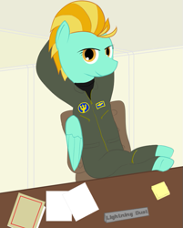 Size: 575x716 | Tagged: safe, artist:totallynotabronyfim, character:lightning dust, clothing, cubicle, female, flight suit, hooves on the table, office, patch, smiling, solo, sticky note