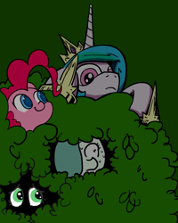 Size: 640x800 | Tagged: safe, artist:ficficponyfic, artist:lovelyneckbeard, artist:valcron, edit, character:pinkie pie, character:princess celestia, oc, oc:emerald jewel, species:pony, bush, color, color edit, colored, colt, colt quest, edited edit, frown, hiding, male, nervous, night, ponidox, searching, self ponidox, sweat