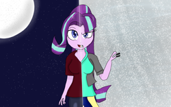 Size: 1920x1200 | Tagged: safe, artist:mildockart, character:starlight glimmer, my little pony:equestria girls, clothing, duality, equal sign, equestria girls-ified, evil, female, full moon, good, moon, night sky, open mouth, solo, stars