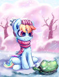 Size: 3793x4939 | Tagged: safe, artist:inowiseei, part of a set, character:rainbow dash, character:tank, absurd resolution, beanie, clothing, cute, dashabetes, hat, scarf, smiling, snow, snowfall