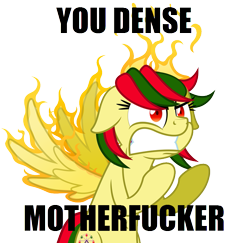 Size: 741x719 | Tagged: safe, artist:askthecookies, artist:zutheskunk edits, edit, oc, oc only, oc:attraction, species:pegasus, species:pony, angry, belly button, caption, femboy, fire, floppy ears, fury, gritted teeth, image macro, male, meme, rage, rage face, reaction image, simple background, solo, spread wings, text, transparent background, trap, vector, vulgar, wings, y u no, you dense motherfucker