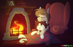Size: 1466x949 | Tagged: safe, artist:redchetgreen, oc, oc only, blanket, cozy, cuddling, fireplace, male, night, oc x oc, one eye closed, romantic, shipping, snuggling, straight