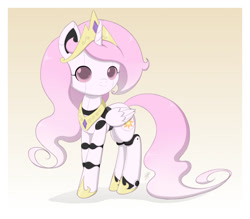 Size: 1000x875 | Tagged: safe, artist:jdan-s, character:princess celestia, oc, oc:cyberia heart, species:pony, cewestia, clothing, costume, cute, female, gradient background, pink-mane celestia, pun, robot, robot pony, smiling, solo, visual gag, younger