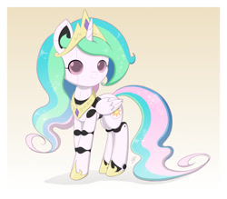 Size: 1000x875 | Tagged: safe, artist:jdan-s, character:princess celestia, oc, oc:cyberia heart, species:pony, clothing, costume, female, gradient background, pun, robot, robot pony, smiling, solo, visual gag