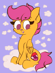 Size: 720x960 | Tagged: safe, artist:hedgehog-plant, character:scootaloo, species:pegasus, species:pony, cloud, cutie mark, female, filly, sitting, solo, the cmc's cutie marks