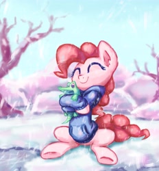 Size: 4300x4642 | Tagged: safe, artist:inowiseei, part of a set, character:gummy, character:pinkie pie, species:earth pony, species:pony, absurd resolution, alligator, clothing, cute, diapinkes, eyes closed, female, happy, hoodie, hug, mare, sitting, smiling, snow, snowfall, sweater, winter