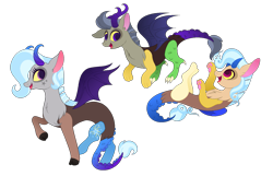 Size: 1581x1018 | Tagged: safe, artist:carouselunique, oc, oc only, oc:hat trick, oc:spectacle, oc:star swirl, parent:discord, parent:trixie, parents:trixcord, species:draconequus, hybrid, interspecies offspring, looking at each other, looking back, next generation, offspring, open mouth, simple background, smiling, transparent background
