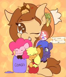 Size: 827x960 | Tagged: safe, artist:hedgehog-plant, character:applejack, character:pinkie pie, character:princess luna, oc, oc:catnap, oc:sugarsnap, species:alicorn, species:earth pony, species:pony, abstract background, apple, cookie, cookie jar, female, food, heart, heart eyes, mare, wingding eyes