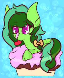 Size: 785x960 | Tagged: safe, artist:hedgehog-plant, oc, oc only, species:earth pony, species:pony, abstract background, cupcake, food, heart, solo