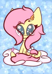 Size: 669x960 | Tagged: safe, artist:hedgehog-plant, character:fluttershy, species:pegasus, species:pony, abstract background, butterfly, cloud, female, heart eyes, looking at you, mare, sitting, solo, wingding eyes