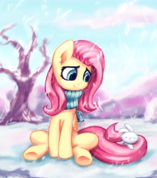 Size: 4127x4659 | Tagged: safe, artist:inowiseei, part of a set, character:angel bunny, character:fluttershy, species:pegasus, species:pony, absurd resolution, beanie, clothing, cloud, cute, female, hat, mare, scarf, shyabetes, sitting, sky, smiling, snow, snowfall, winter