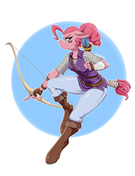Size: 1280x1656 | Tagged: safe, artist:hobbsmeerkat, character:pinkie pie, species:anthro, species:unguligrade anthro, armor, arrows, boots, bow (weapon), chainmail, female, quiver, ranger, solo, tail wrap, weapon