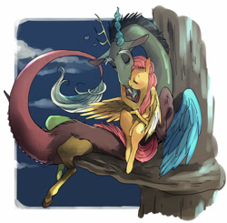 Size: 779x762 | Tagged: safe, artist:pasikon, character:discord, character:fluttershy, ship:discoshy, blushing, cuddling, cute, eyes closed, male, shipping, snuggling, straight, tree