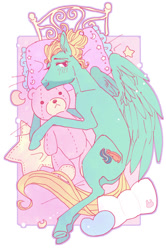 Size: 536x807 | Tagged: safe, artist:pasikon, character:zephyr breeze, species:pegasus, species:pony, bed, cute, looking at you, male, pillow, pixiv, plushie, solo, stallion, stars, teddy bear, zephyrbetes