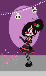 Size: 388x648 | Tagged: safe, artist:obeliskgirljohanny, oc, oc only, oc:cereza, species:human, calavera catrina, dia de los muertos, face paint, fangs, flower, humanized, looking at you, rose, smiling, solo, sugar skull cookie, vampire