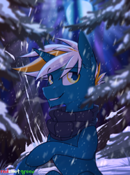 Size: 1500x2010 | Tagged: safe, artist:redchetgreen, oc, oc only, species:pony, species:unicorn, clothing, looking at you, night, scarf, snow, snowfall, solo, winter