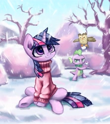 Size: 4617x5211 | Tagged: safe, artist:inowiseei, part of a set, character:owlowiscious, character:spike, character:twilight sparkle, species:dragon, species:pony, species:unicorn, absurd resolution, clothing, female, male, mare, scheming, smiling, snow, snowball, snowfall, sweater, winter