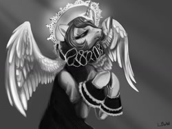 Size: 1500x1125 | Tagged: safe, artist:trojan-pony, character:princess celestia, clothing, eyes closed, female, grayscale, halo, monochrome, praying, ruff (clothing), solo, spread wings, triangle, underhoof, wings