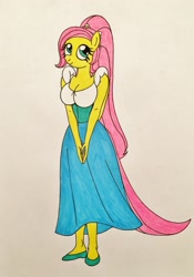 Size: 2094x2986 | Tagged: safe, artist:killerteddybear94, character:fluttershy, species:anthro, species:plantigrade anthro, alternate hairstyle, breasts, busty fluttershy, clothing, cosplay, costume, cute, don bluth, dress, female, shoes, solo, thumbelina, traditional art