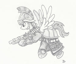 Size: 800x677 | Tagged: safe, artist:sensko, species:pegasus, species:pony, armor, dragoon, female, flintlock, flying, grayscale, guardsmare, gun, mare, monochrome, pencil drawing, royal guard, simple background, soldier, solo, traditional art, twilight's royal guard, weapon, white background