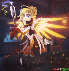 Size: 3000x3077 | Tagged: safe, artist:redchetgreen, flying, gun, magic, mercy, overwatch, ponified, solo, staff, telekinesis, weapon