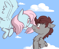 Size: 1280x1073 | Tagged: safe, artist:estrill, oc, oc only, oc:nooby, oc:thundermane, species:pegasus, species:pony, blushing, boop, chest fluff, cloud, female, male, mare, noseboop, oc x oc, shipping, stallion, straight