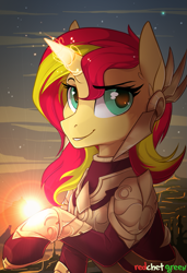 Size: 941x1373 | Tagged: safe, artist:redchetgreen, character:sunset shimmer, species:pony, armor, beautiful, crepuscular rays, crossover, ear fluff, female, glowing horn, league of legends, leona, looking at you, magic, smiling, solo, sunset