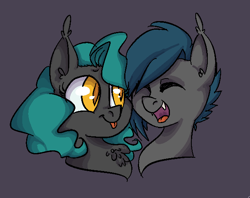 Size: 640x507 | Tagged: safe, artist:whale, oc, oc only, oc:motte, oc:speck, species:bat pony, species:pony, blep, chest fluff, cute, eyes closed, fangs, gray background, happy, laughing, open mouth, raspberry, simple background, smiling, tongue out