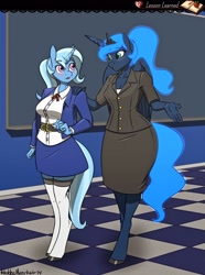 Size: 1696x2284 | Tagged: safe, artist:hobbsmeerkat, character:princess luna, character:trixie, species:anthro, species:unguligrade anthro, art pack:lesson learned, alternate hairstyle, blushing, chalkboard, clothing, duo, duo female, explicit source, eye contact, female, lidded eyes, looking at each other, looking back, open mouth, skirt, socks, thigh highs