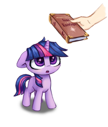 Size: 1007x1178 | Tagged: safe, artist:inowiseei, part of a set, character:twilight sparkle, species:pony, species:unicorn, adorkable, book, bookhorse, cute, dork, female, filly, filly twilight sparkle, hand, looking up, misspelling, open mouth, simple background, solo focus, starry eyes, that pony sure does love books, twiabetes, white background, wingding eyes
